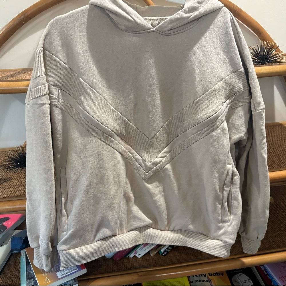 Women's Beige Hooded Sweatshirt - Casual Pullover Hoodie - Picture 3 of 8